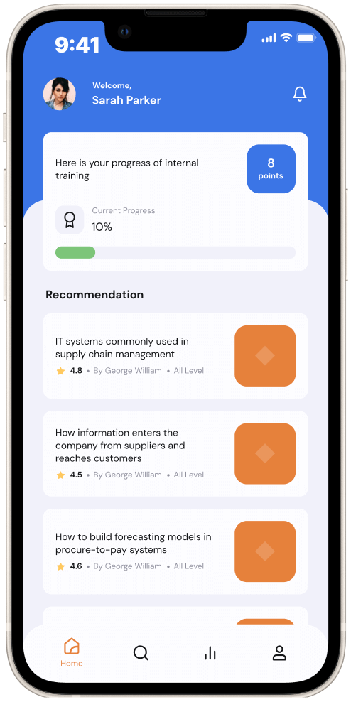 Employee training mobile app screens